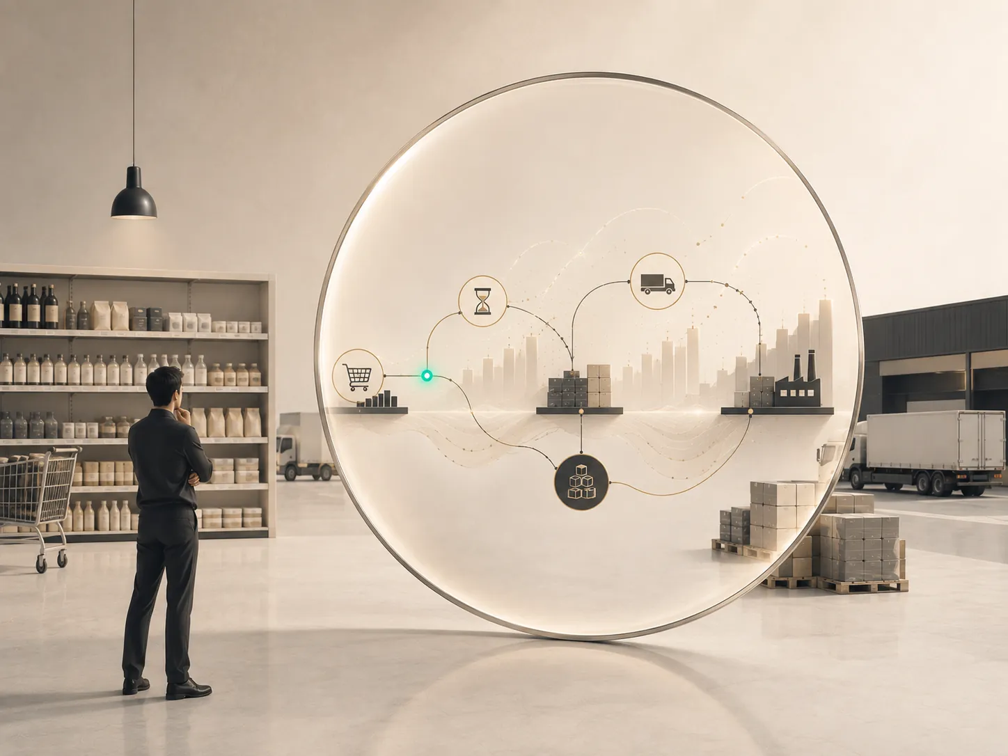 A person standing before a large lens that shows a supply chain: a shopping cart, an hourglass, a truck, boxes and a factory