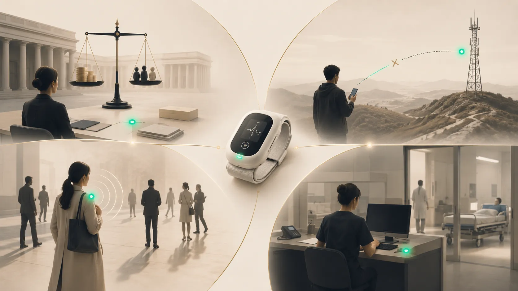 A wearable health band at the centre of four scenes: a courtroom scale, a phone with a broken signal to a tower, a woman in a crowd and a nurse at a hospital desk