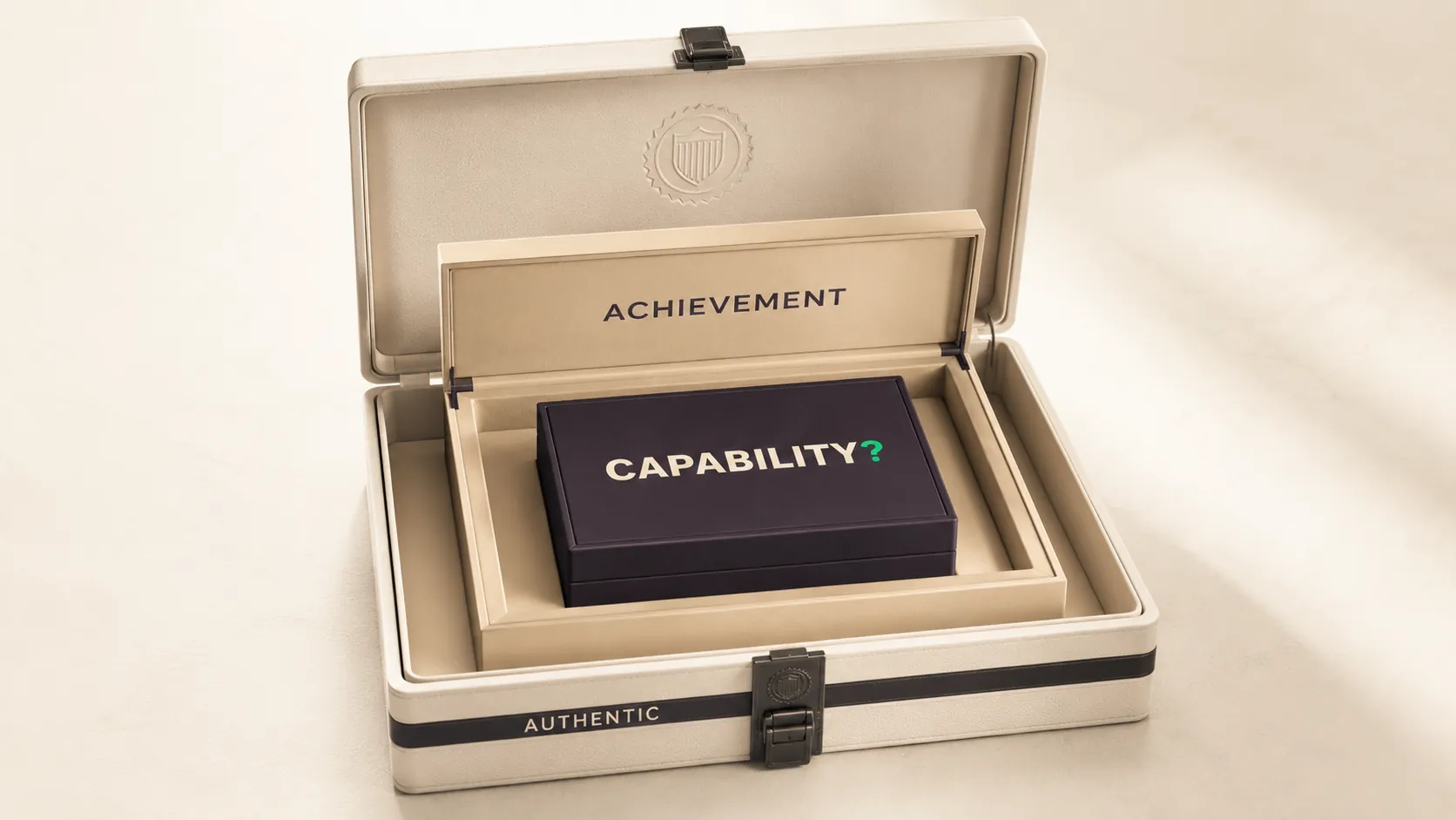 An open case labelled Authentic, holding a box labelled Achievement, which holds a dark box labelled Capability with a green question mark