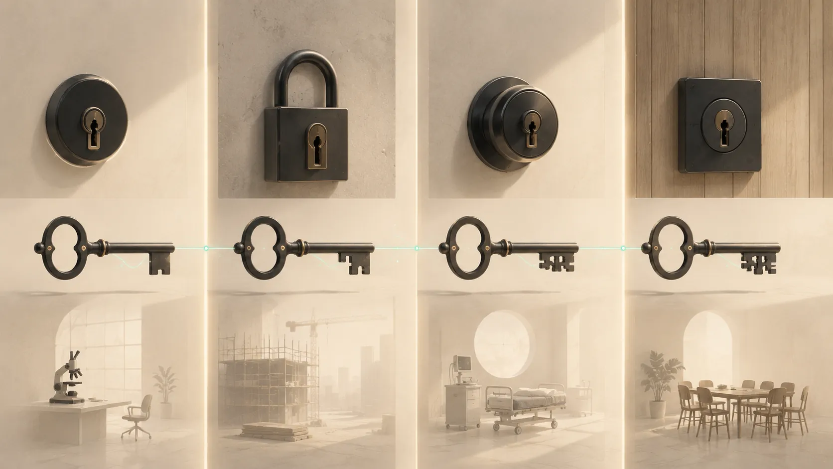 Four locks of different shapes above four identical keys joined by a thin green line, with a laboratory, a construction site, a hospital ward and a meeting table below