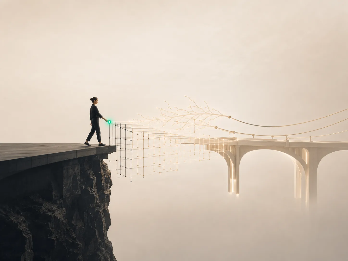 A woman at a cliff edge extending a lattice into a bridge that reaches into the fog