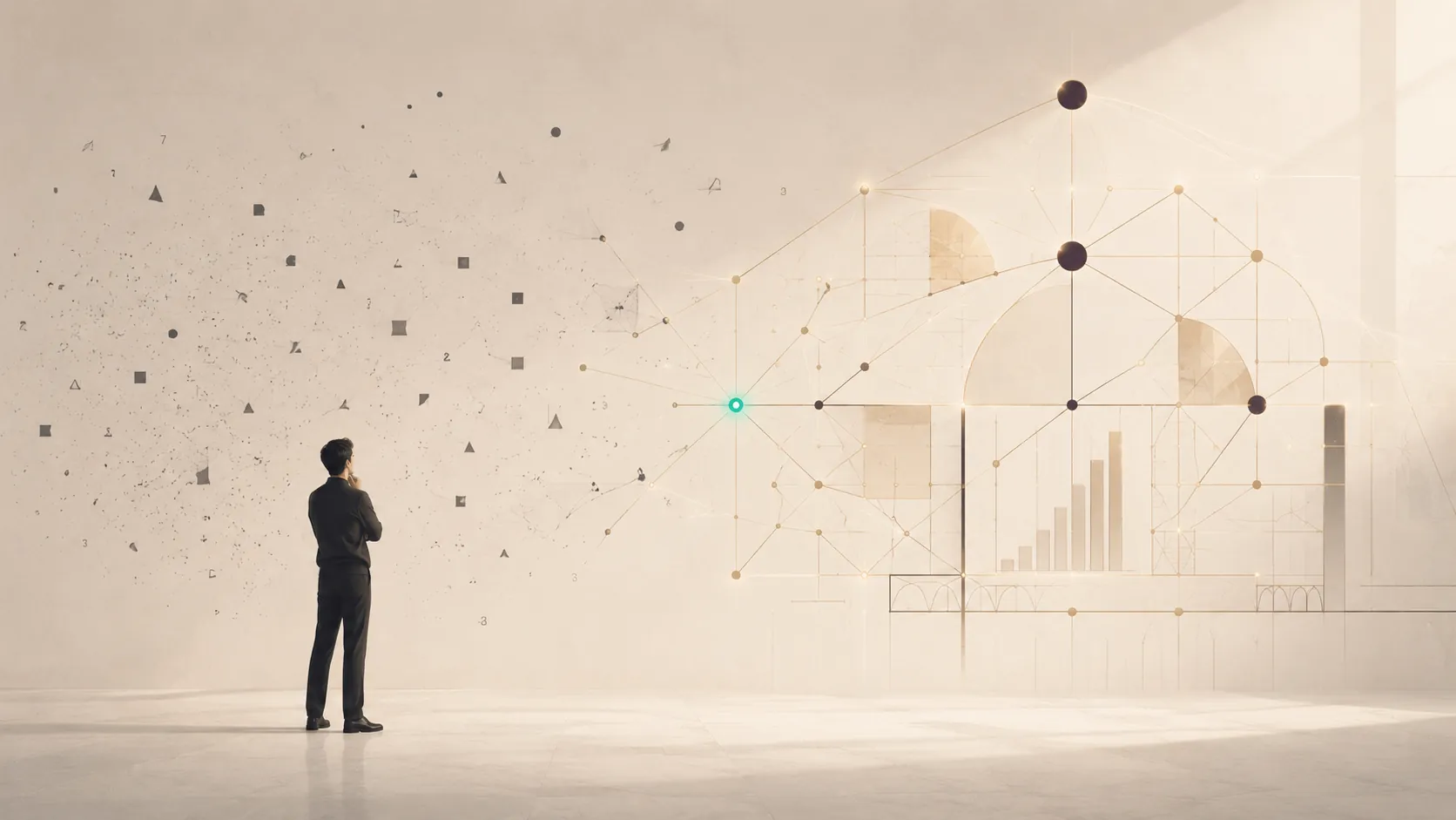 A person facing scattered shapes that resolve into a structured geometric network with a bar chart