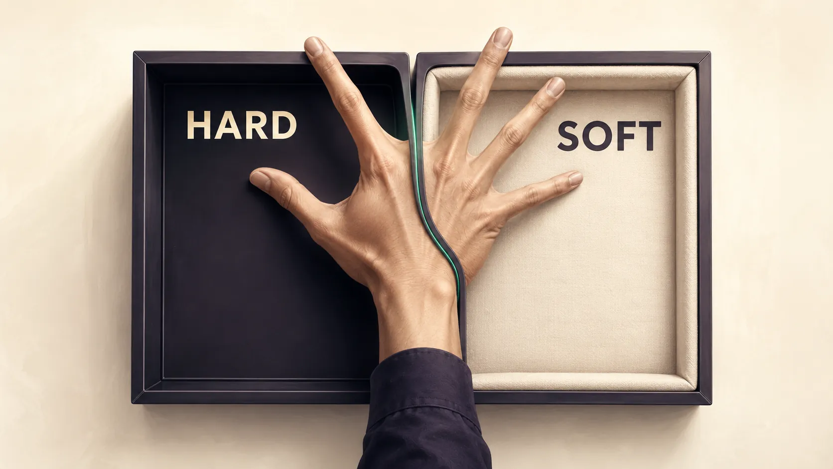 A hand spread across two open boxes labelled Hard and Soft, a green line following the split between them