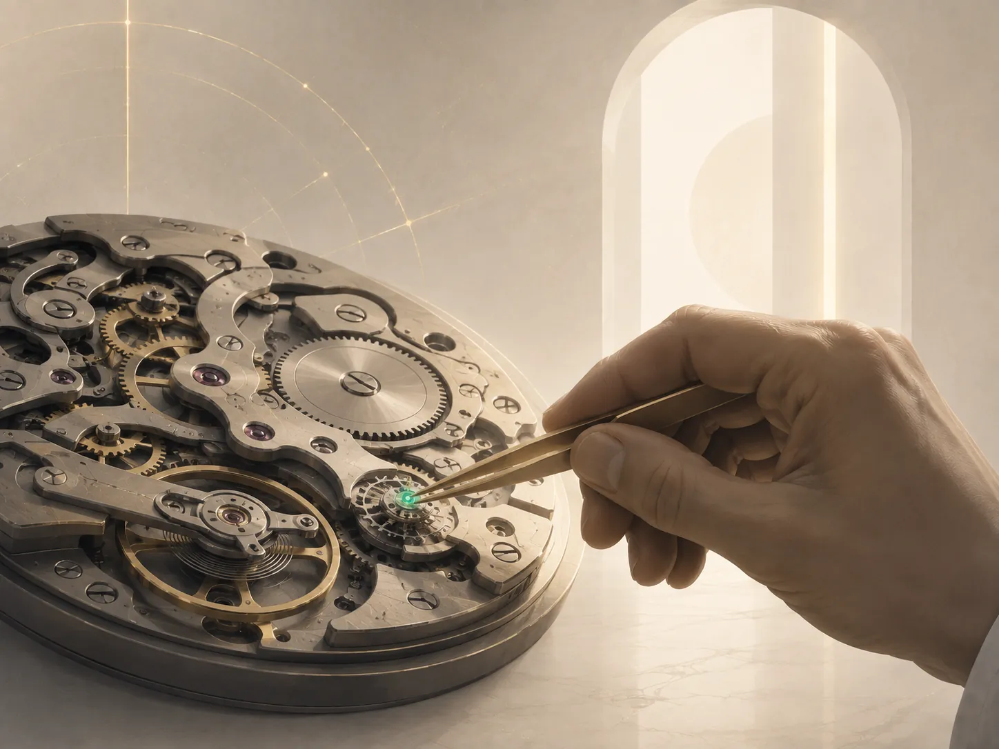 A hand using brass tweezers to adjust one small component inside a complex mechanical watch movement, with a green light at the tip