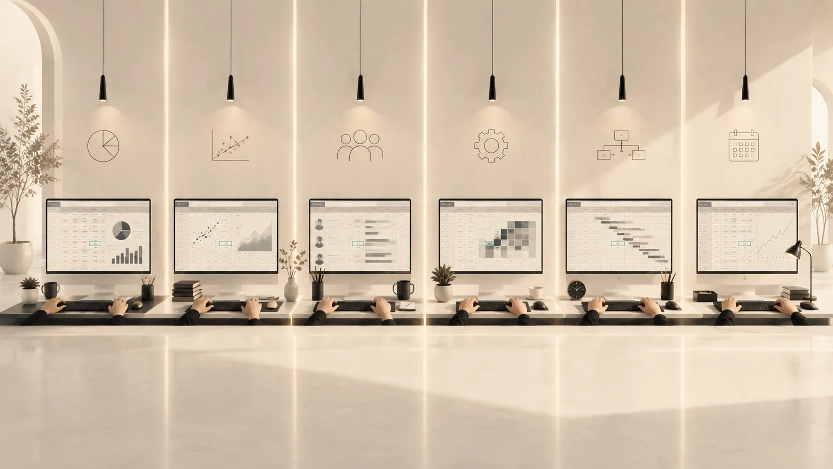 Six desks in a row, each with a computer showing a spreadsheet with a different chart, table or plan, and a small icon above each screen
