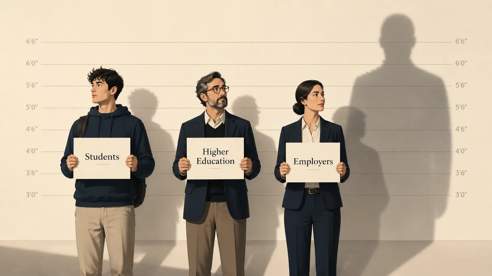 Three figures holding signs, Students, Higher Education and Employers, in front of a height chart, with a larger shadow behind them