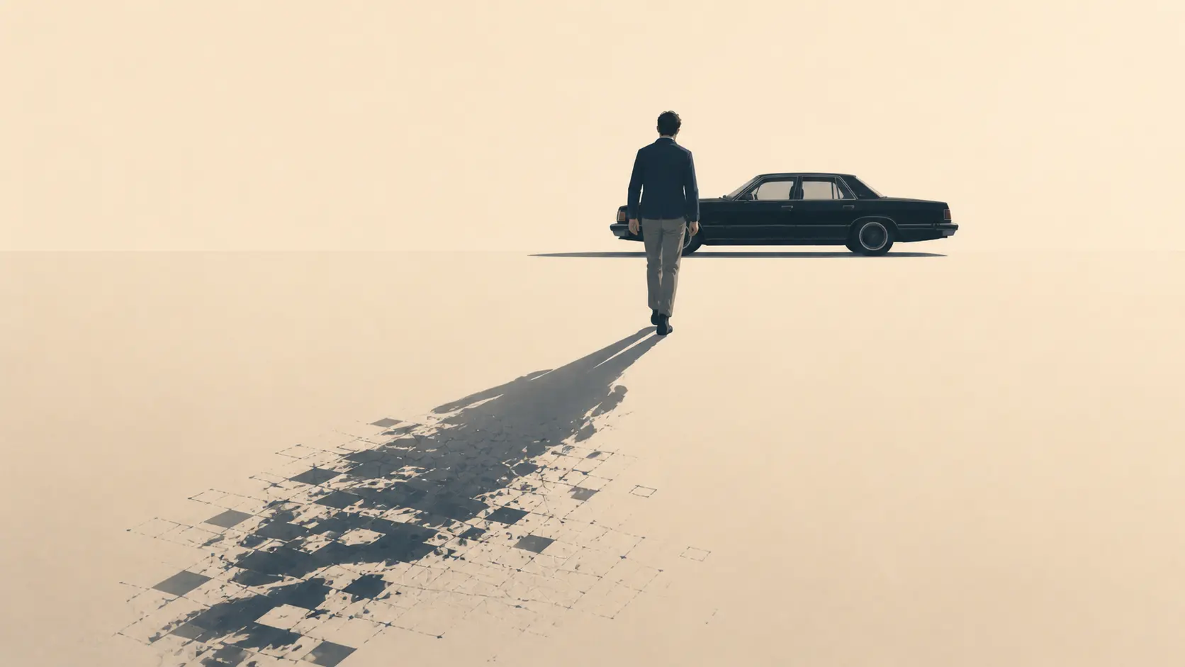 A man walking away while his shadow dissolves into a grid
