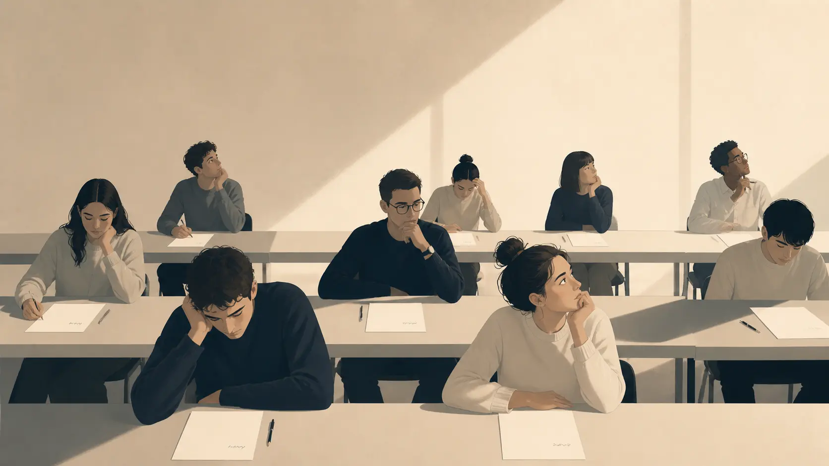 Students in a classroom, facing blank sheets of paper